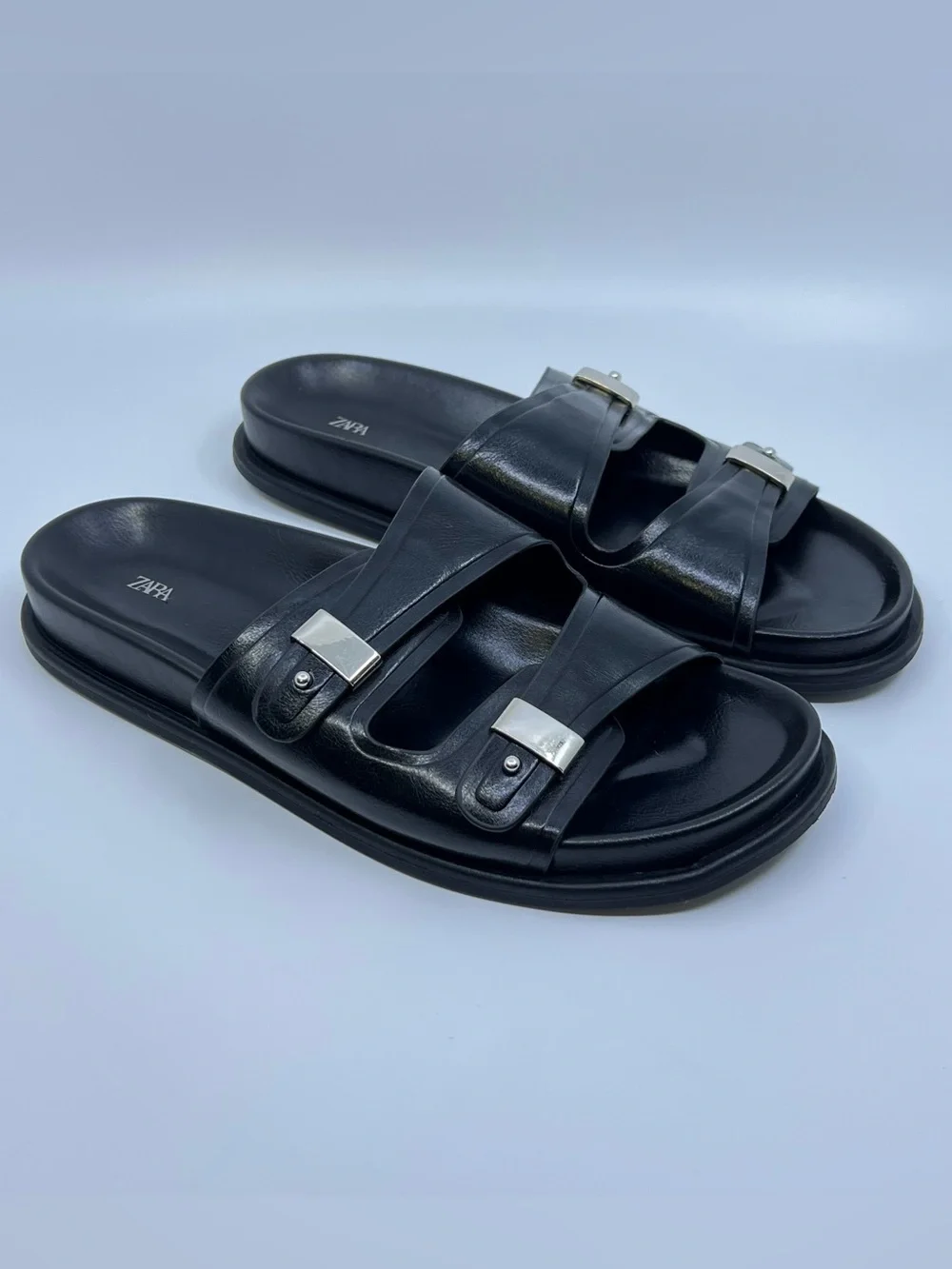 Zara Double Strap Flat Sandal | Black | Size 8 (39) - Picture 3 of 12